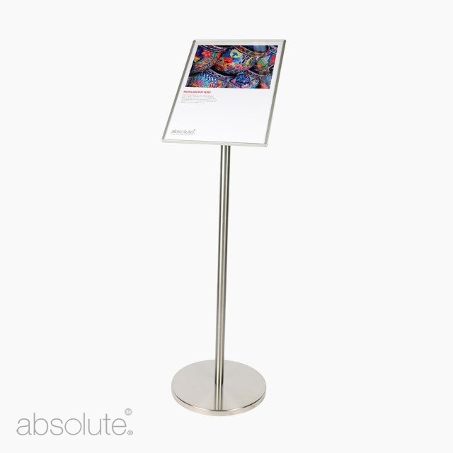 Stainless steel information stand with portrait format label holder.
