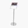 Stainless steel information stand with portrait format label holder.